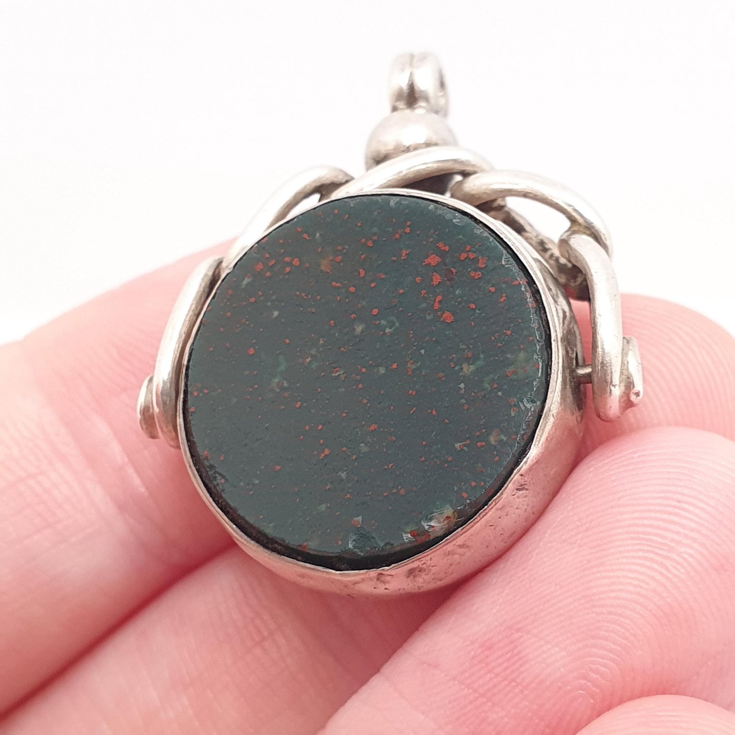 Antique Sterling Silver Spinner Bloodstone Fob Necklace Pendant Carnelian Hallmark Large Curb Link Vintage Mens Womens Jewelry Jewellery