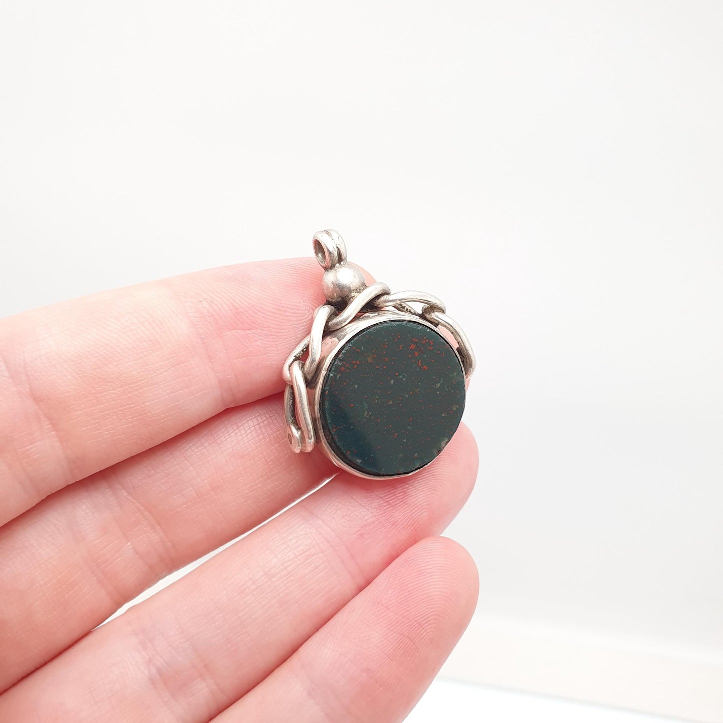 Antique Sterling Silver Spinner Bloodstone Fob Necklace Pendant Carnelian Hallmark Large Curb Link Vintage Mens Womens Jewelry Jewellery
