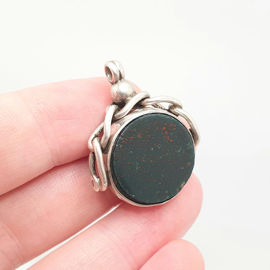 Antique Sterling Silver Spinner Bloodstone Fob Necklace Pendant Carnelian Hallmark Large Curb Link Vintage Mens Womens Jewelry Jewellery