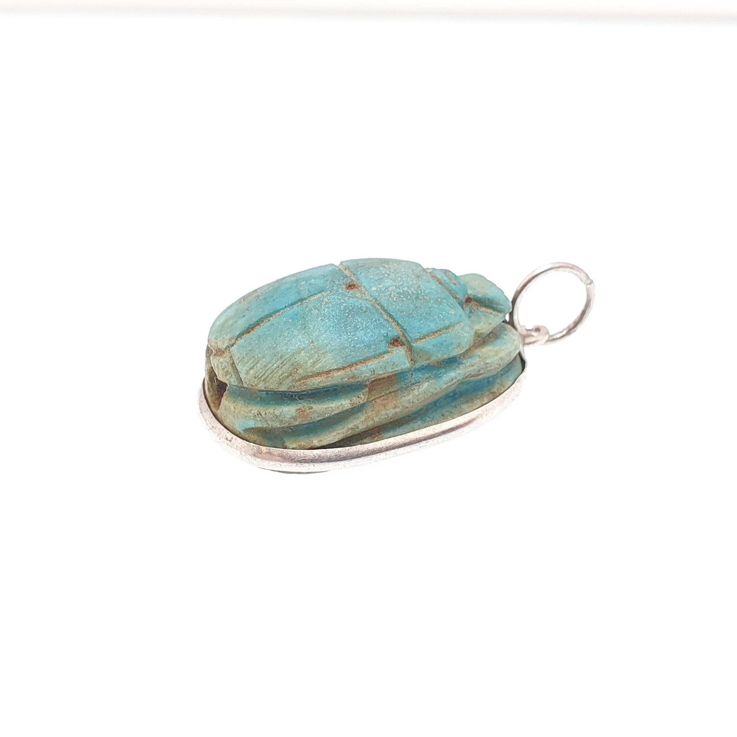 Old Vintage Solid Silver Scarab Beetle Necklace Pendant Faience Enamel Egyptian Revival Insect Animal Mens Womens Jewelry Jewellery