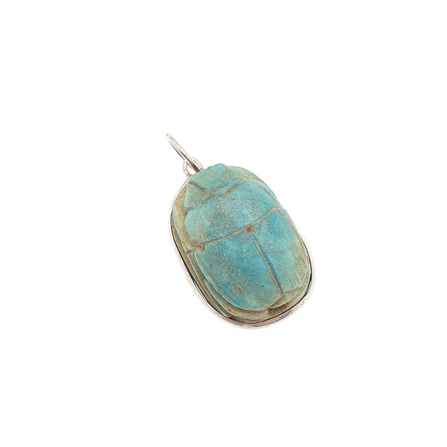 Old Vintage Solid Silver Scarab Beetle Necklace Pendant Faience Enamel Egyptian Revival Insect Animal Mens Womens Jewelry Jewellery