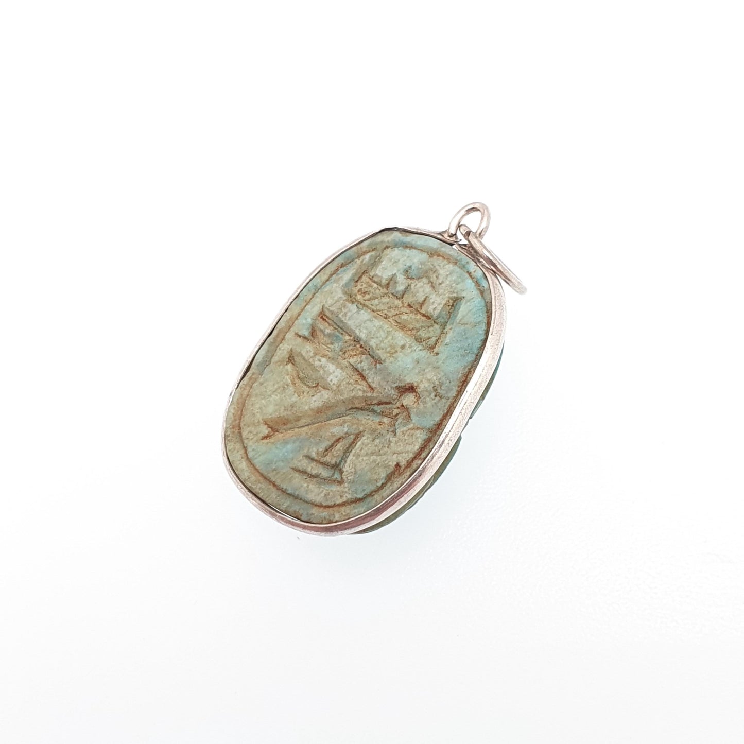 Old Vintage Solid Silver Scarab Beetle Necklace Pendant Faience Enamel Egyptian Revival Insect Animal Mens Womens Jewelry Jewellery