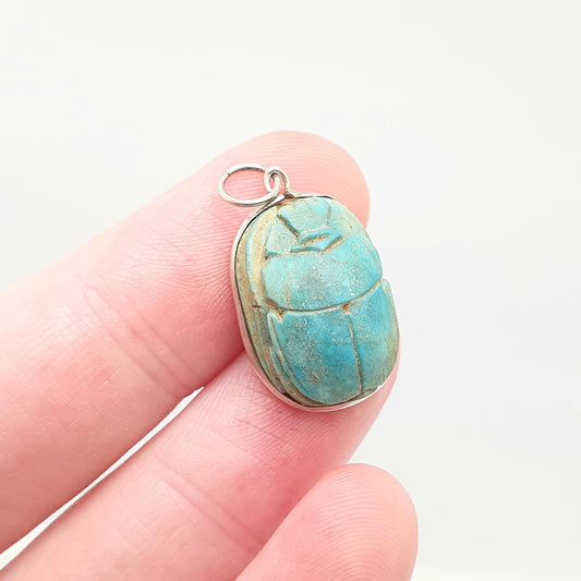 Old Vintage Solid Silver Scarab Beetle Necklace Pendant Faience Enamel Egyptian Revival Insect Animal Mens Womens Jewelry Jewellery