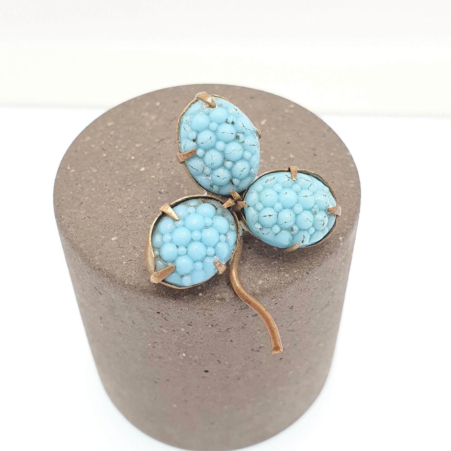 Antique Victorian Faux Turquoise Clover Brooch Gold Tone Good Luck Lucky Irish Three Leaf Pin  Vintage 1800s Jewelry Jewellery