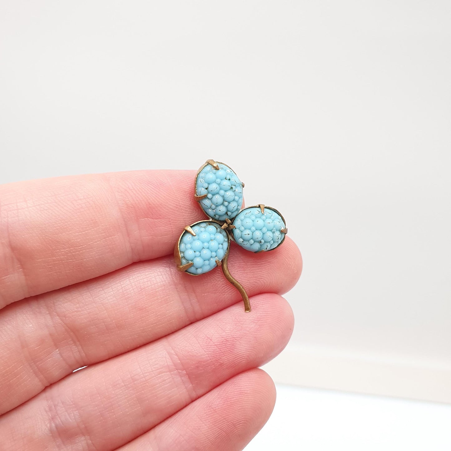 Antique Victorian Faux Turquoise Clover Brooch Gold Tone Good Luck Lucky Irish Three Leaf Pin  Vintage 1800s Jewelry Jewellery