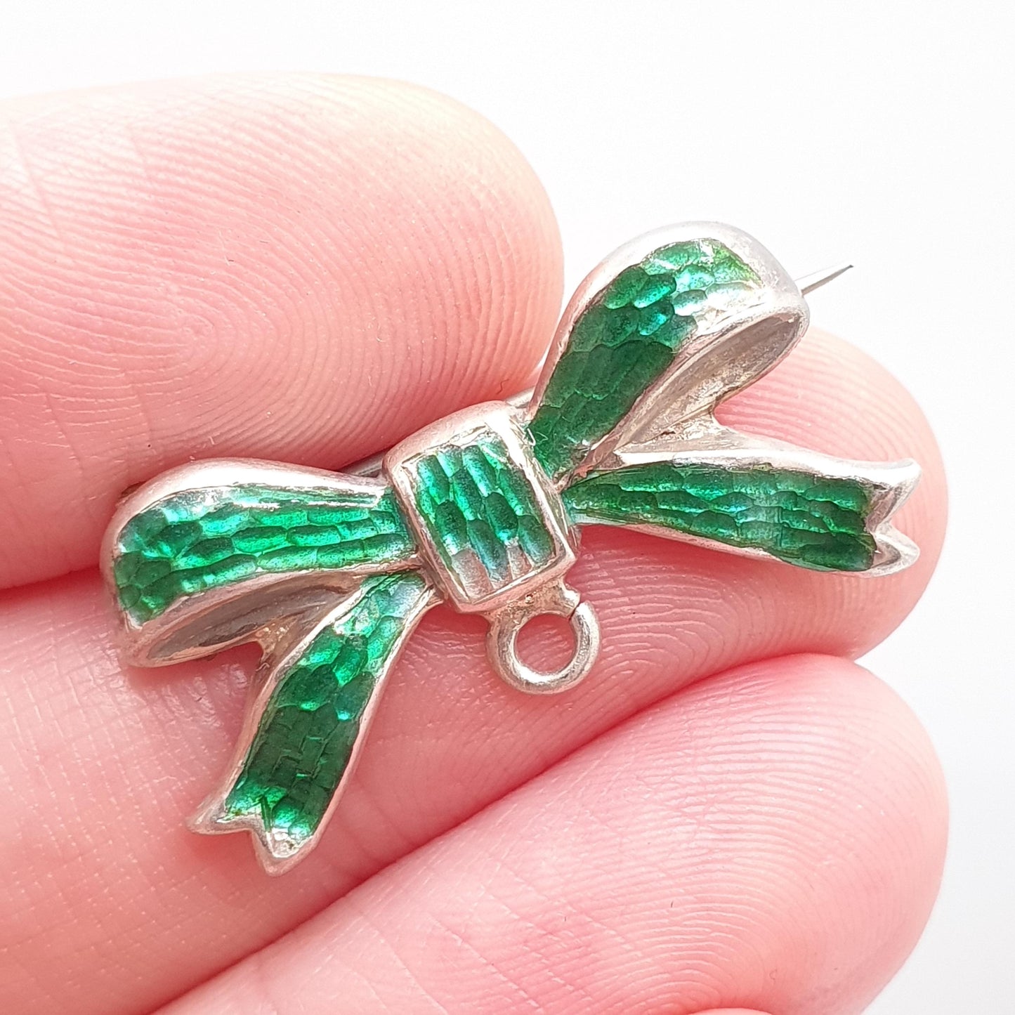 Antique Sterling Silver Enamel Bow Brooch Pin Green Champleve 1906 Hallmarked Nurse Fob Edwardian Vintage Womens Ladies Jewelry Jewellery