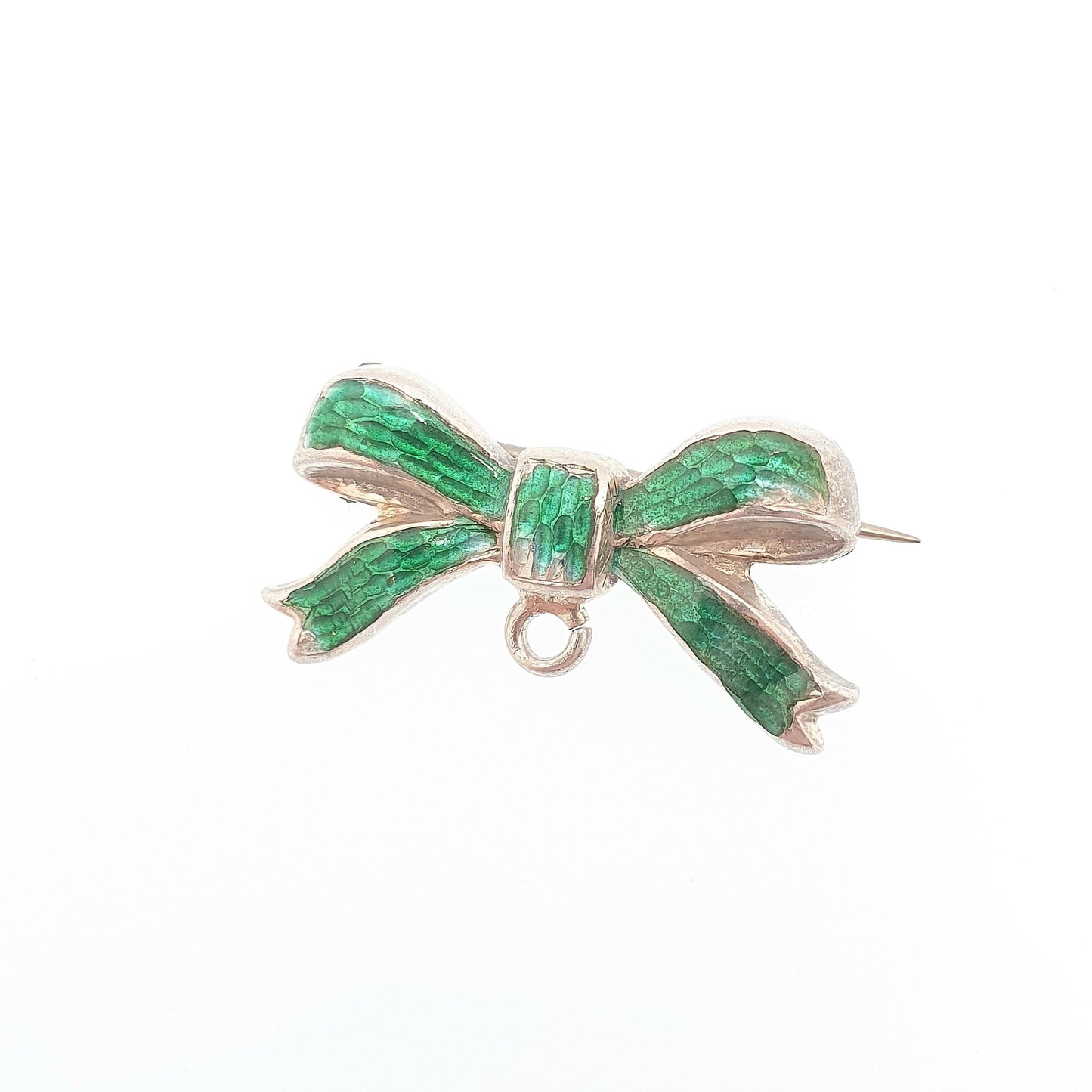 Antique Sterling Silver Enamel Bow Brooch Pin Green Champleve 1906 Hallmarked Nurse Fob Edwardian Vintage Womens Ladies Jewelry Jewellery