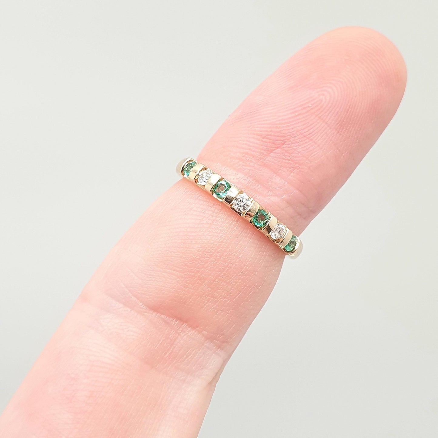 Solid 9k Gold Emerald Diamond Ring Half Eternity Brilliant Cut Solid 9ct 375 Estate Fine Retro Genuine Gemstone Jewelry Jewellery Womens