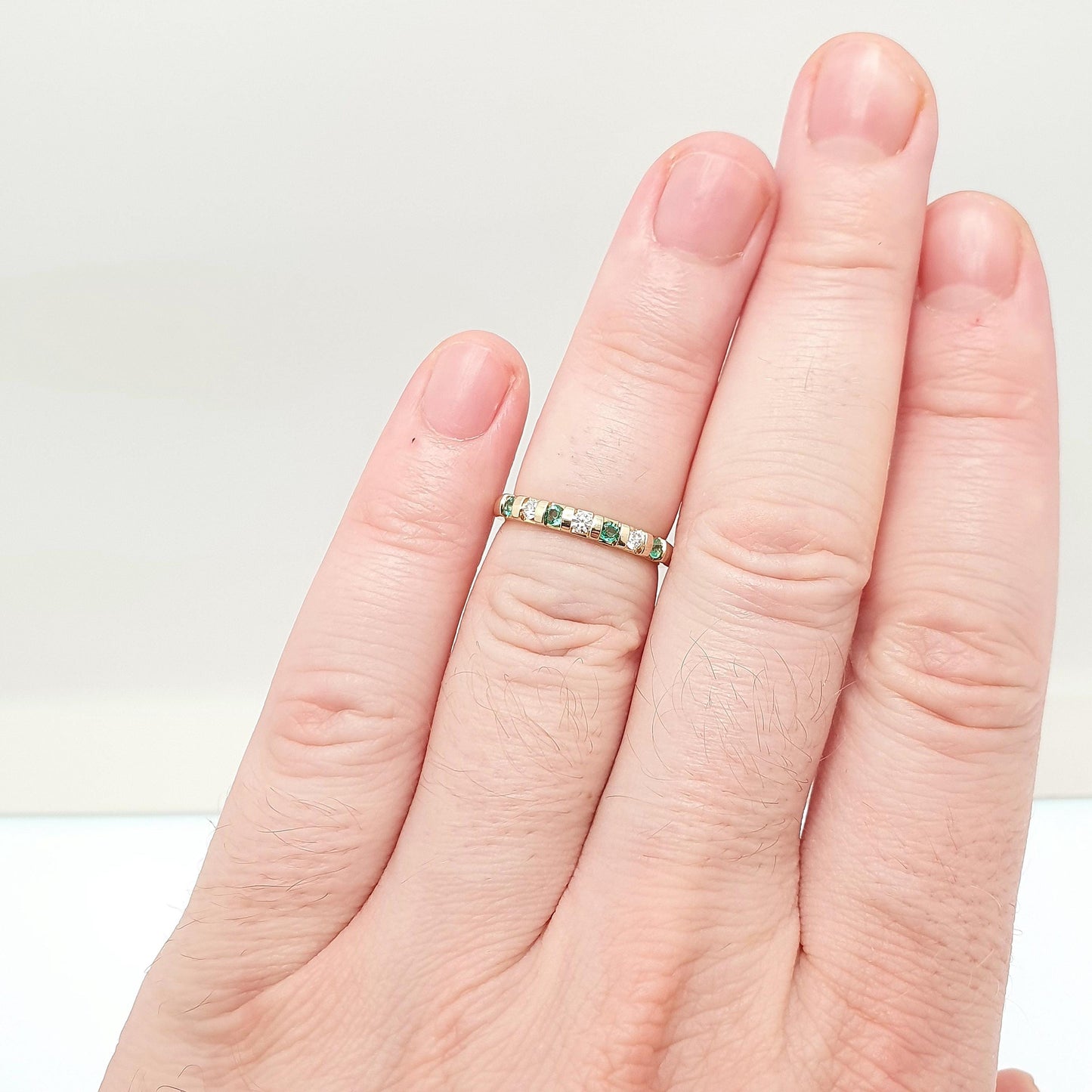 Solid 9k Gold Emerald Diamond Ring Half Eternity Brilliant Cut Solid 9ct 375 Estate Fine Retro Genuine Gemstone Jewelry Jewellery Womens