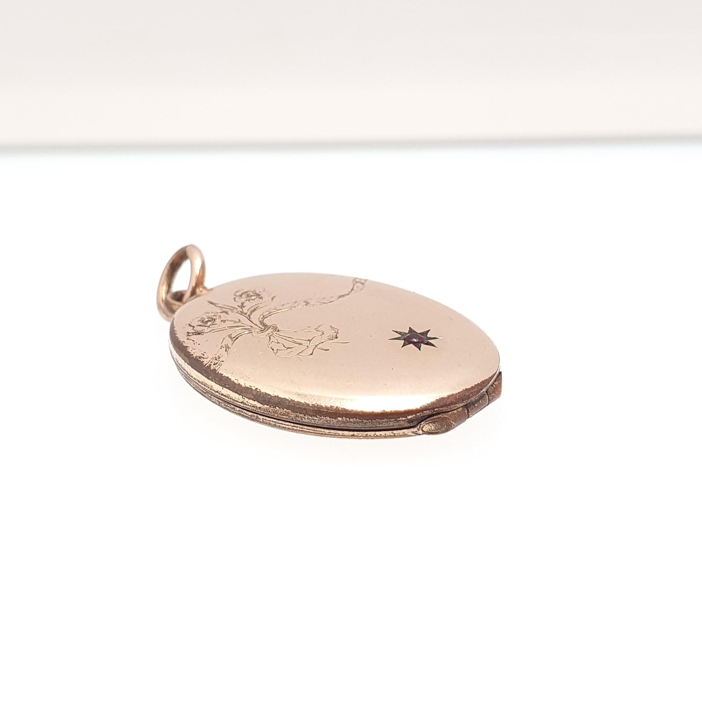 Antique Rolled Gold Locket Ruby Paste Star Necklace Pendant Gold Filled Flower Oval Gift Edwardian Round Vintage Jewellery Jewelry