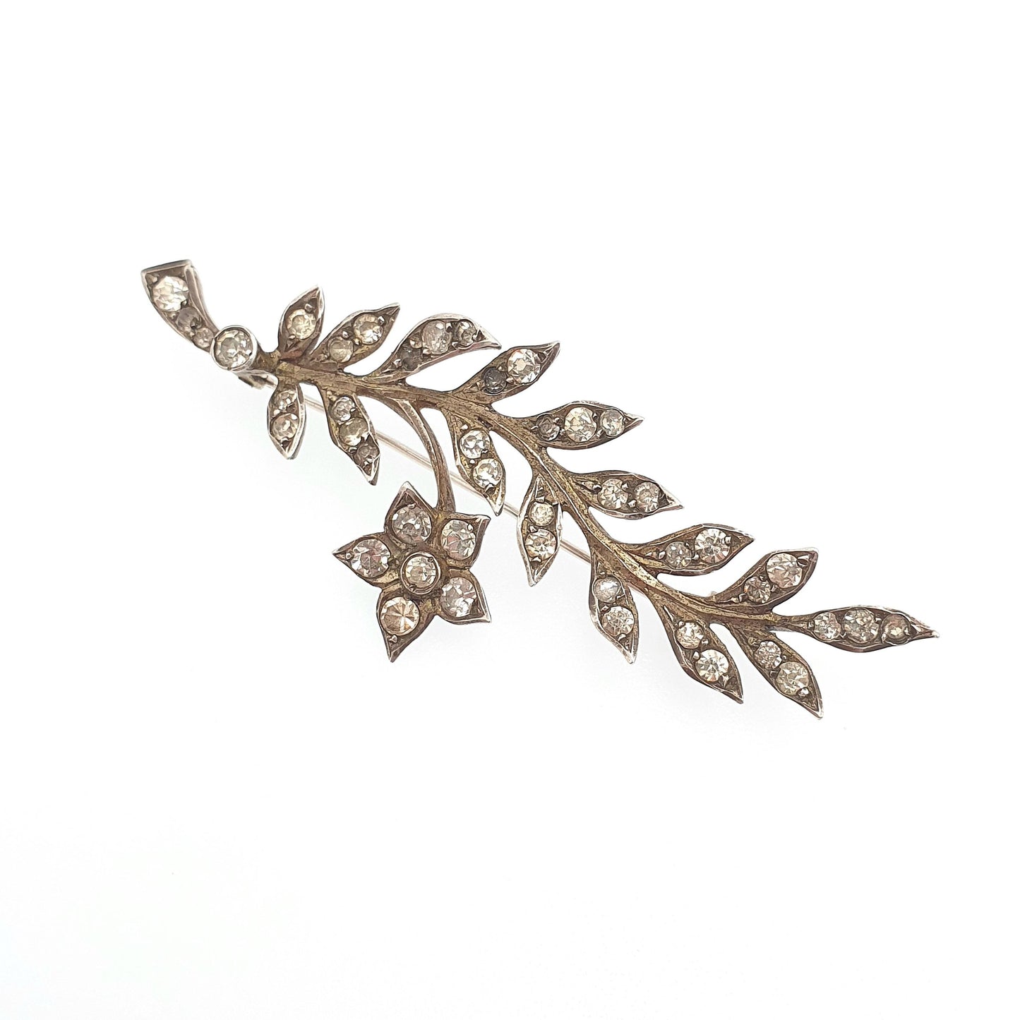 Antique Victorian Solid Silver Diamond Paste Flower Brooch Pin Floral Spray Large Ornate Late 1800s Sparkly Foiled Glass Jewelry Jewellery