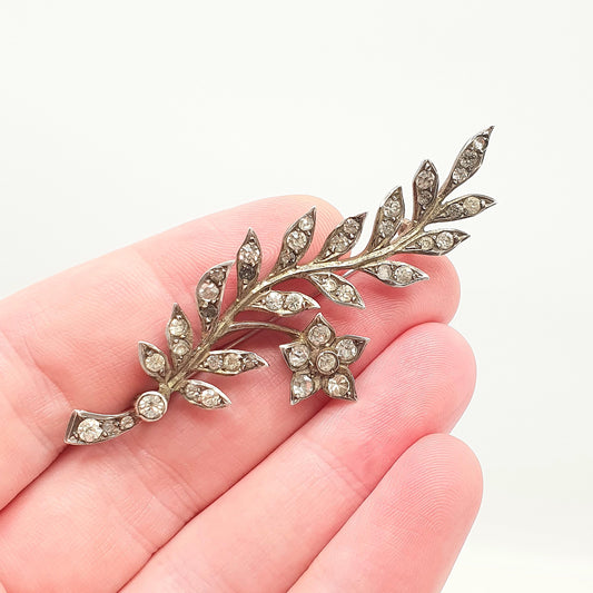 Antique Victorian Solid Silver Diamond Paste Flower Brooch Pin Floral Spray Large Ornate Late 1800s Sparkly Foiled Glass Jewelry Jewellery