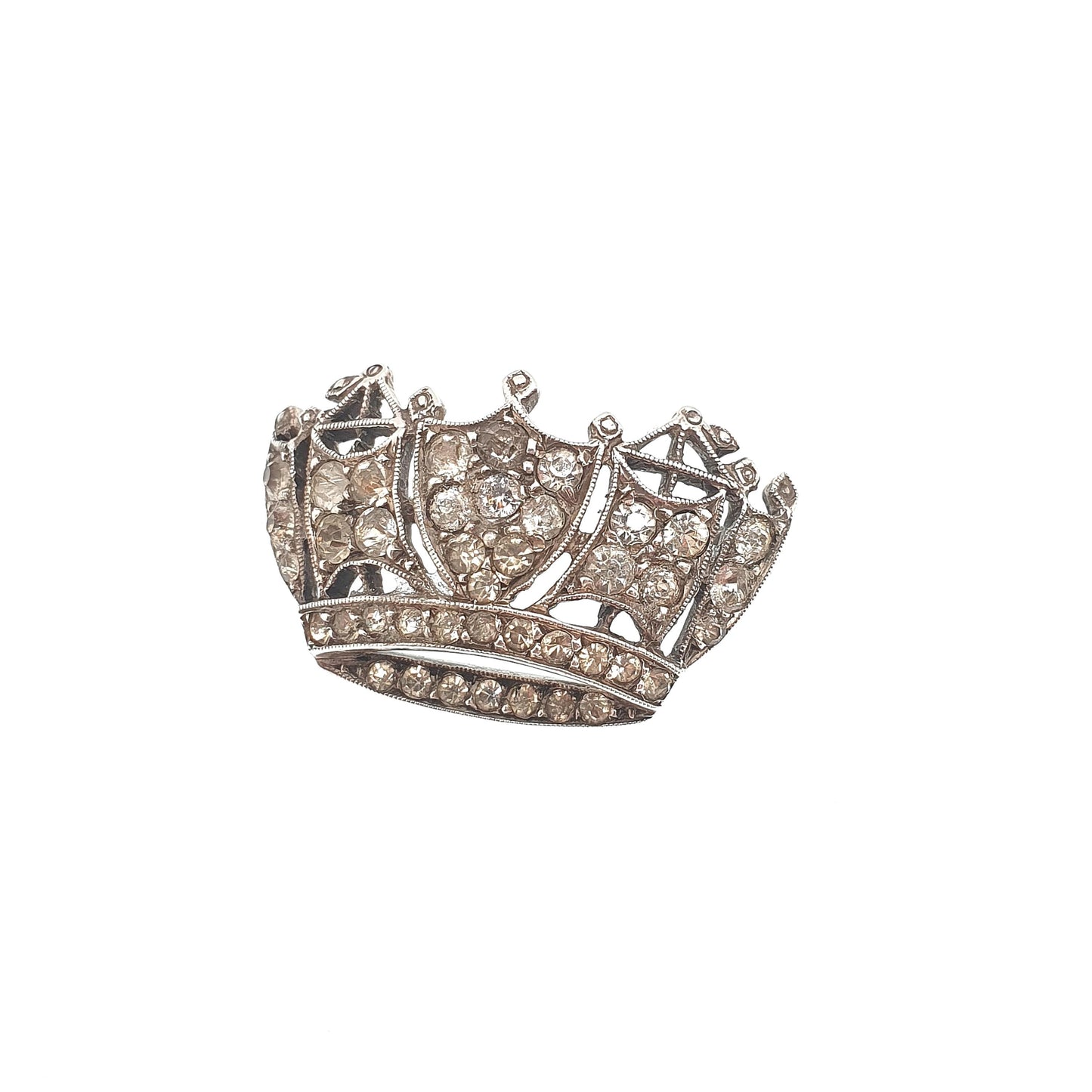 Antique Sterling Silver Crown Brooch Diamond Paste SCP Sparkly Foiled Solid 925 Royalty King Queen Mens Womens Jewelry Jewellery