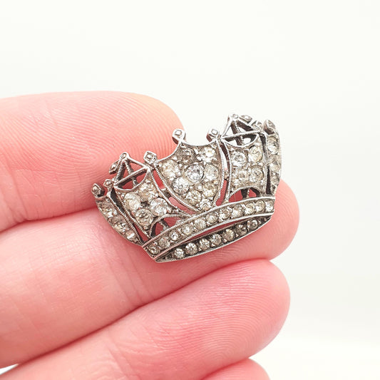 Antique Sterling Silver Crown Brooch Diamond Paste SCP Sparkly Foiled Solid 925 Royalty King Queen Mens Womens Jewelry Jewellery