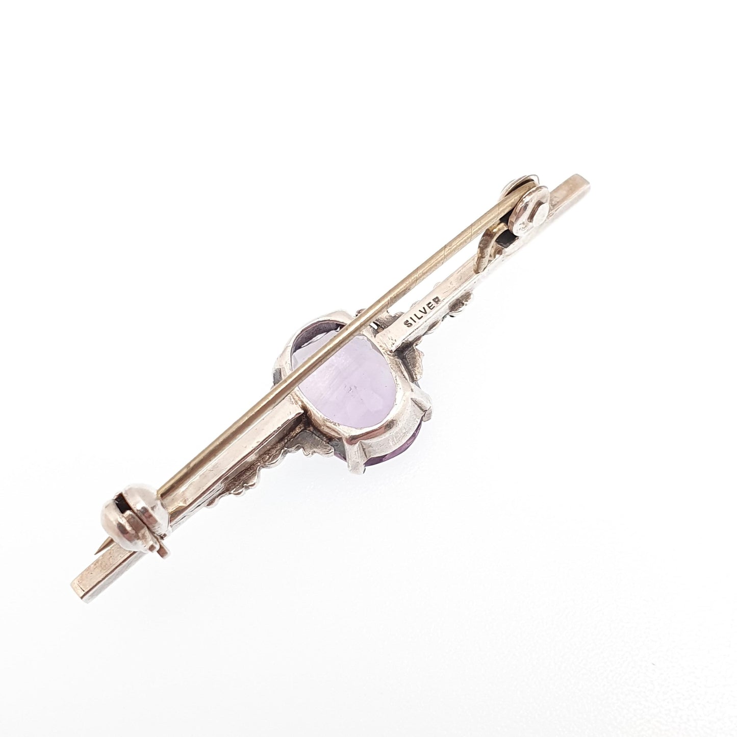 Antique Solid Silver Amethyst Brooch Pin Genuine Natural Gemstone Oval Cut Cabochon 1920s Fine Estate Vintage Womens Jewelry Jewellery