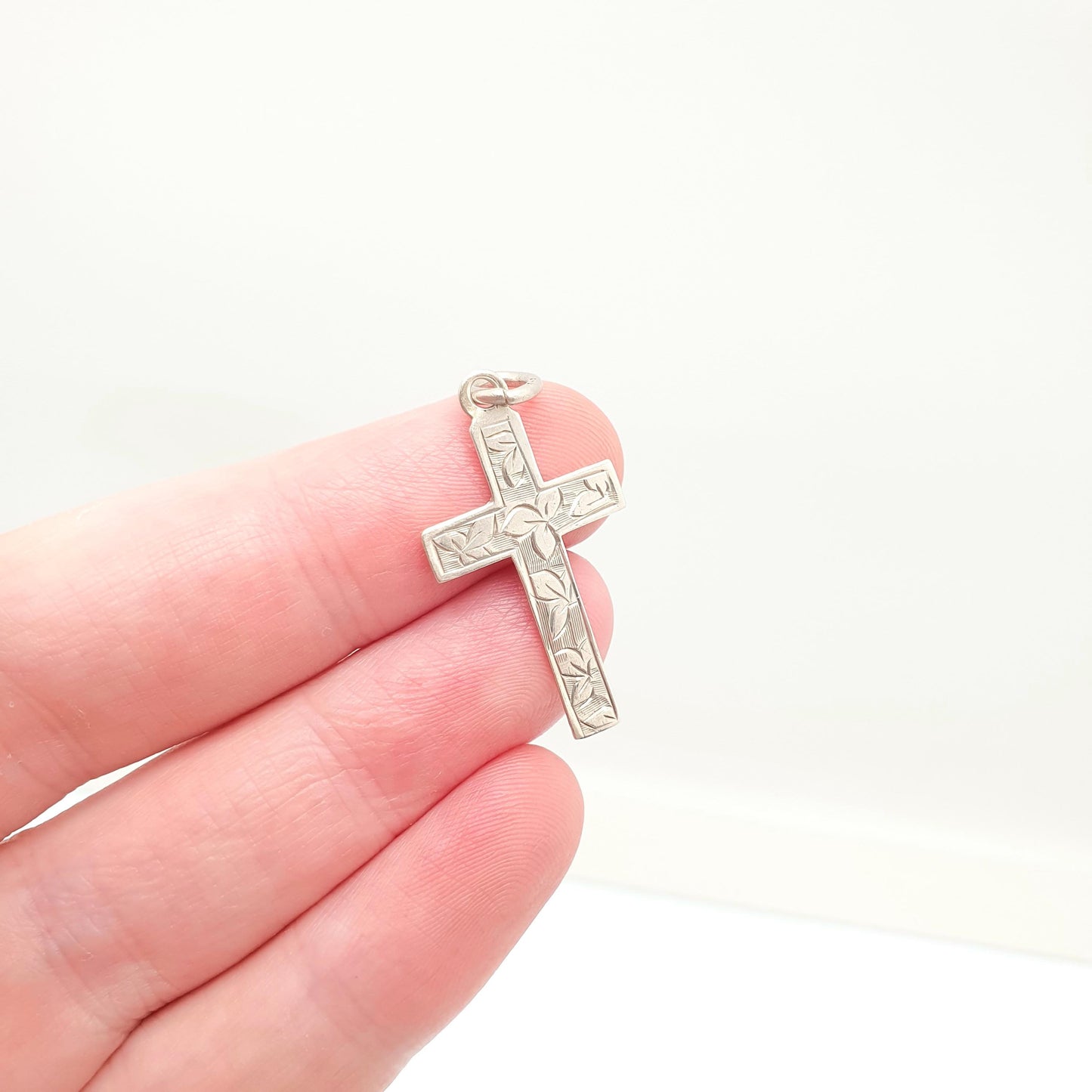 Antique Sterling Silver Crucifix Necklace Pendant 1899 Hallmark Victorian Engraved Cross Catholic Christian Jewellery Jewelry Vintage Womens