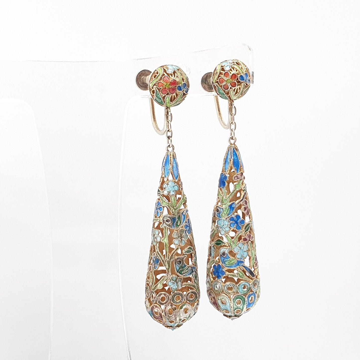 Old Vintage Chinese Enamel Earrings Sterling Silver Gold Vermeil Teardrop Hanging Dangling Elegant Asian Colourful Womens Jewelry Jewellery