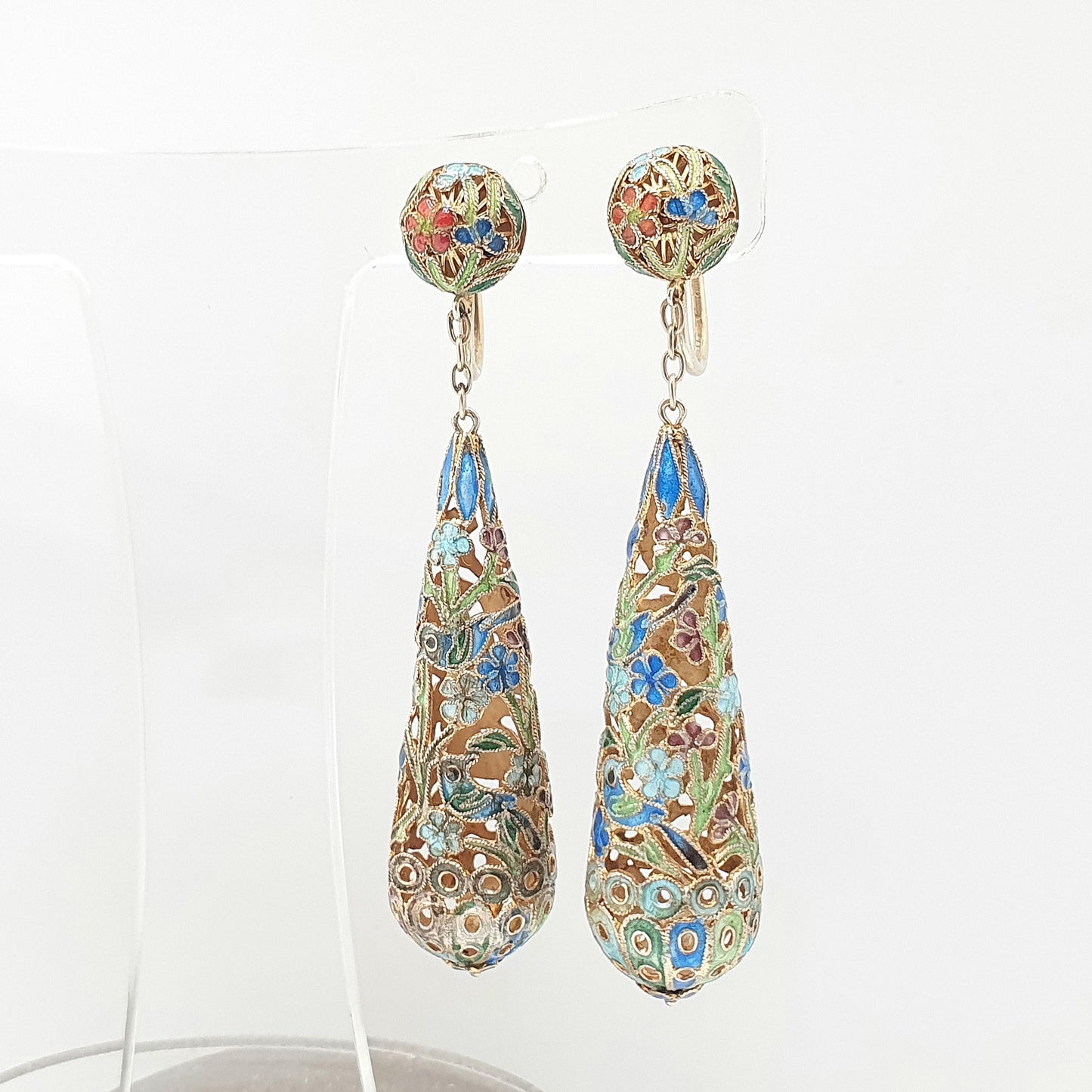 Old Vintage Chinese Enamel Earrings Sterling Silver Gold Vermeil Teardrop Hanging Dangling Elegant Asian Colourful Womens Jewelry Jewellery