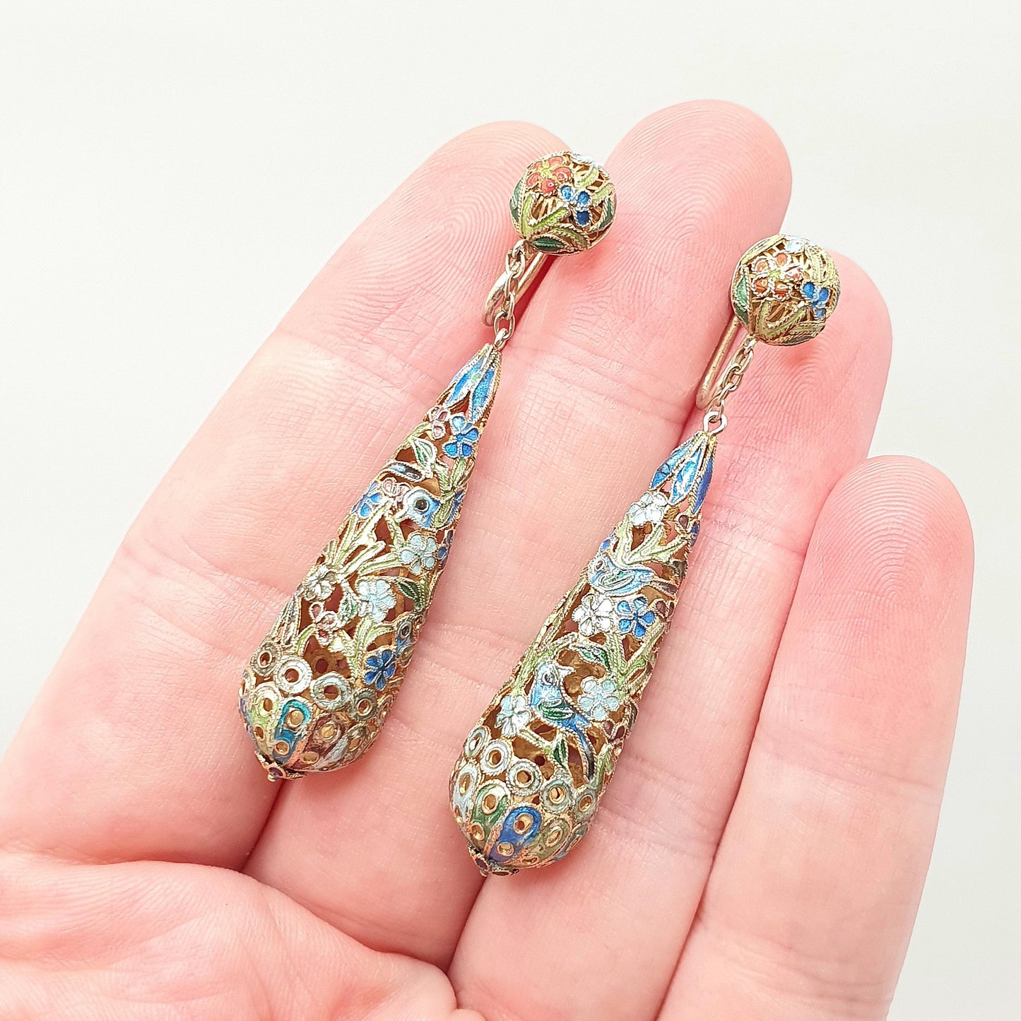 Old Vintage Chinese Enamel Earrings Sterling Silver Gold Vermeil Teardrop Hanging Dangling Elegant Asian Colourful Womens Jewelry Jewellery