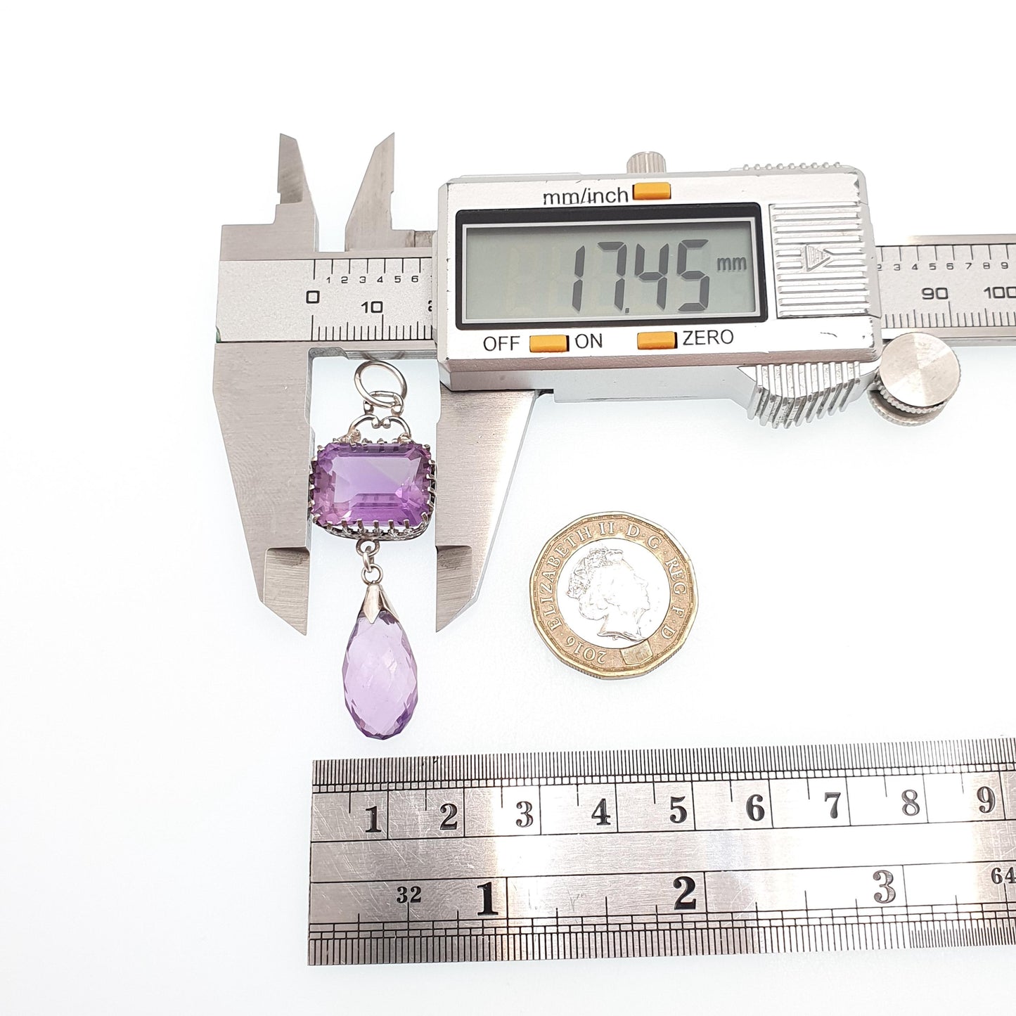 Antique Victorian Solid Silver Amethyst Pendant Necklace Rectangular Drop Genuine Real Quartz Large Gemstone Vintage Jewellery Jewelry