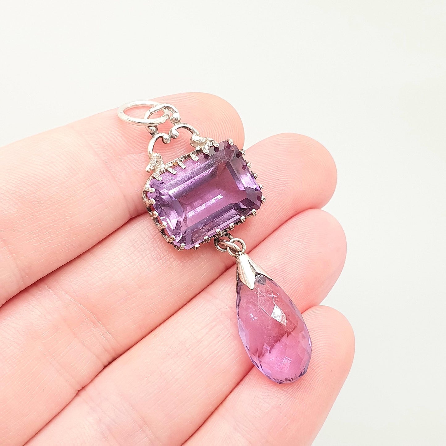 Antique Victorian Solid Silver Amethyst Pendant Necklace Rectangular Drop Genuine Real Quartz Large Gemstone Vintage Jewellery Jewelry