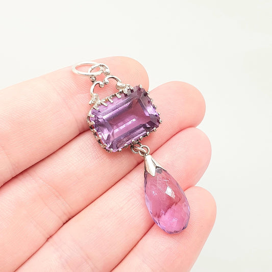 Antique Victorian Solid Silver Amethyst Pendant Necklace Rectangular Drop Genuine Real Quartz Large Gemstone Vintage Jewellery Jewelry