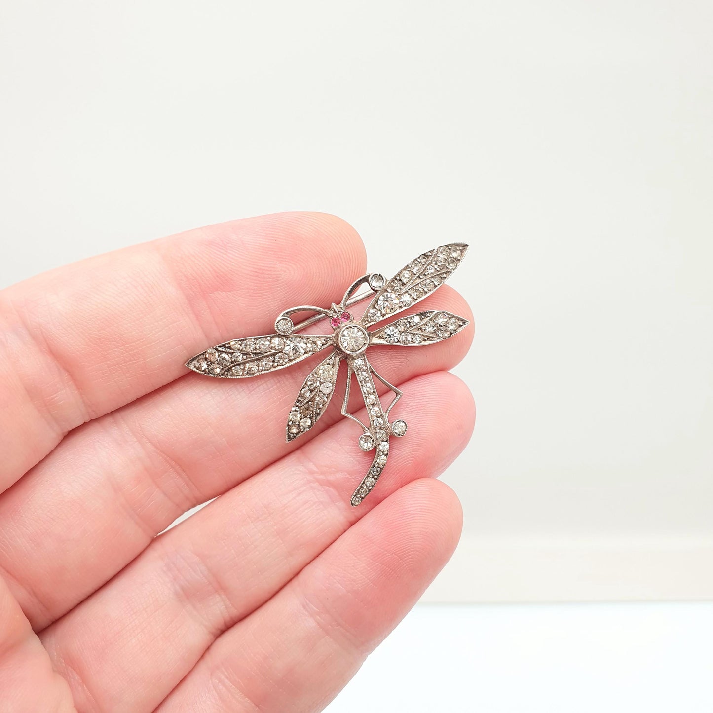 Antique Sterling Silver Dragonfly Brooch Ruby & Diamond Paste Edwardian Insect Fly 1920s Vintage Womens Red Jewelry Bug Jewellery