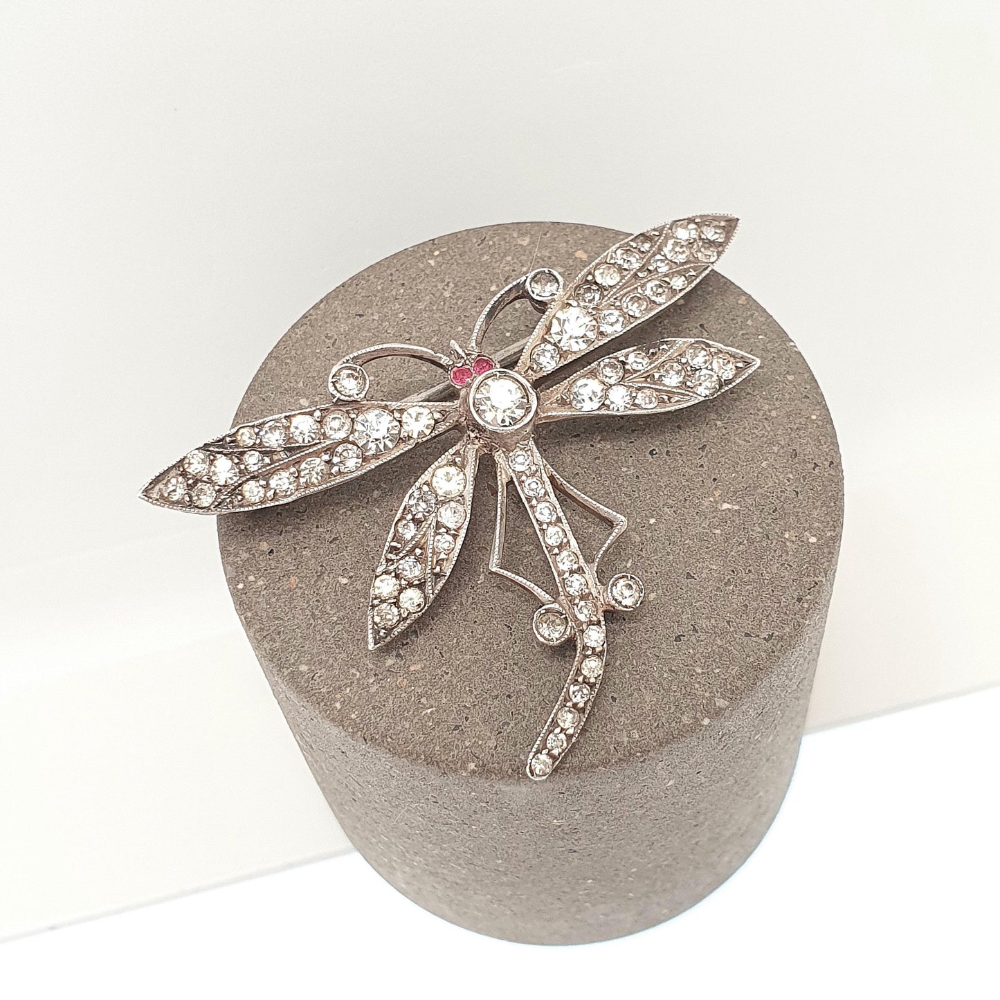 Antique Sterling Silver Dragonfly Brooch Ruby & Diamond Paste Edwardian Insect Fly 1920s Vintage Womens Red Jewelry Bug Jewellery