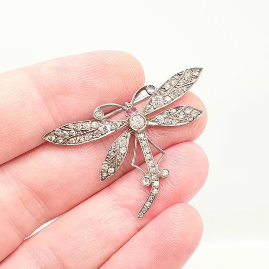 Antique Sterling Silver Dragonfly Brooch Ruby & Diamond Paste Edwardian Insect Fly 1920s Vintage Womens Red Jewelry Bug Jewellery