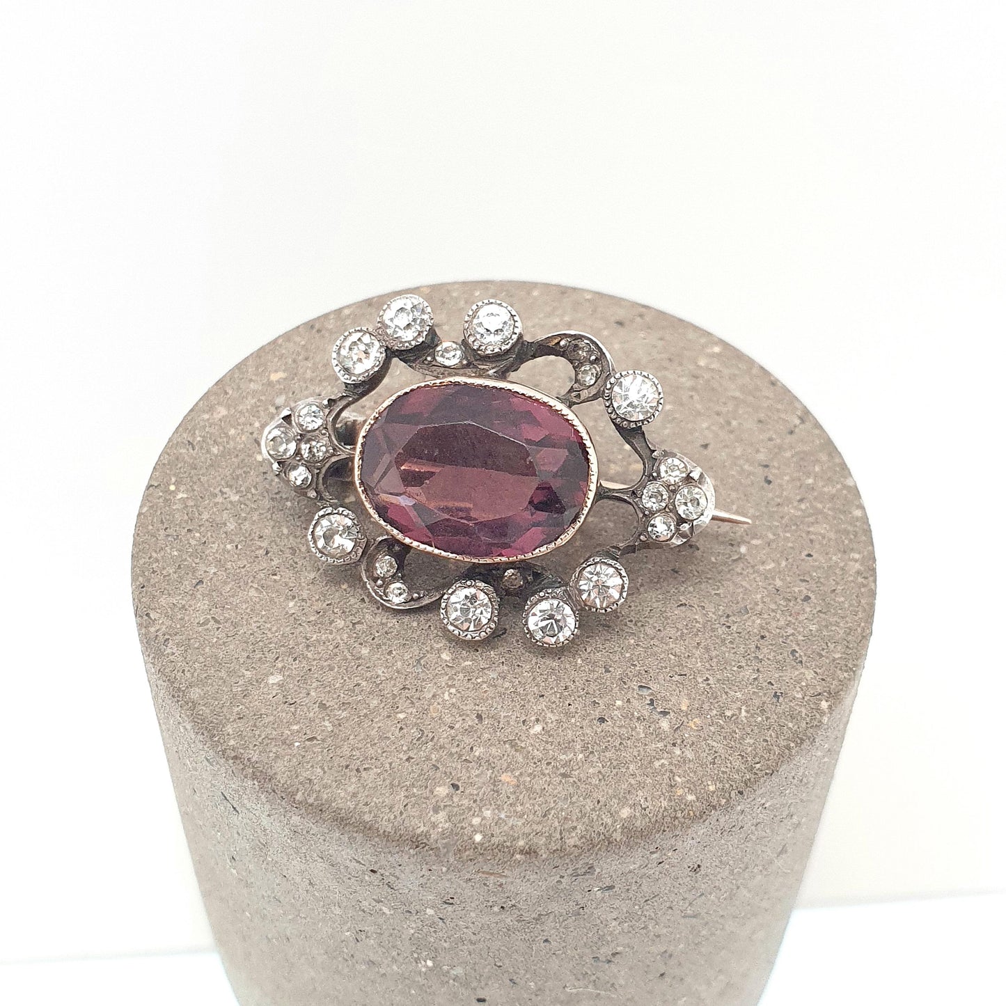 Antique Solid Silver Amethyst Paste Brooch Victorian Cluster Diamond Pastes Oval Shape Genuine 1800s Vintage Womens Ladies Jewelry Jewellery