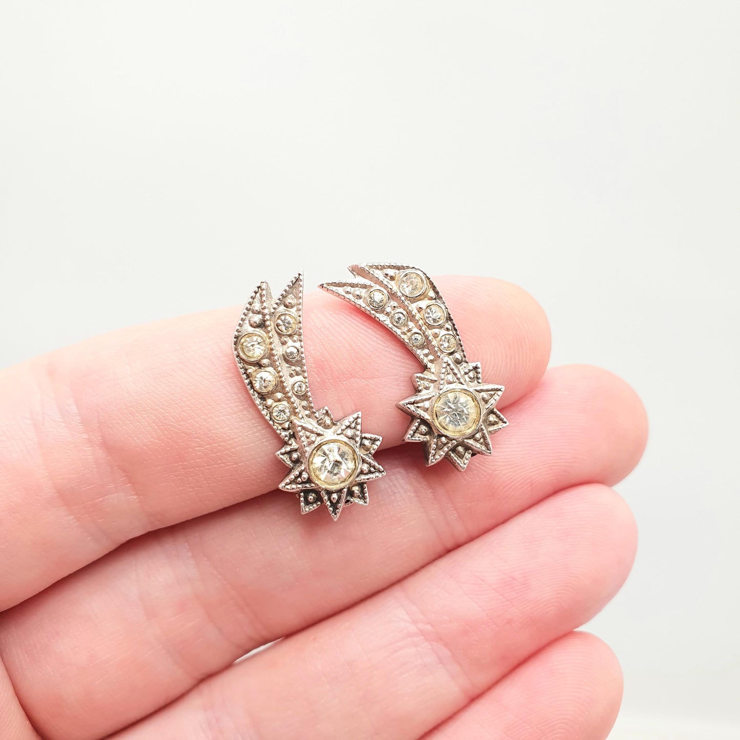Antique Solid Silver Shooting Star Earrings Diamond Paste Art Deco Clip On 1920s Vintage Sparkly Celestial Stars Night Jewelry Jewellery