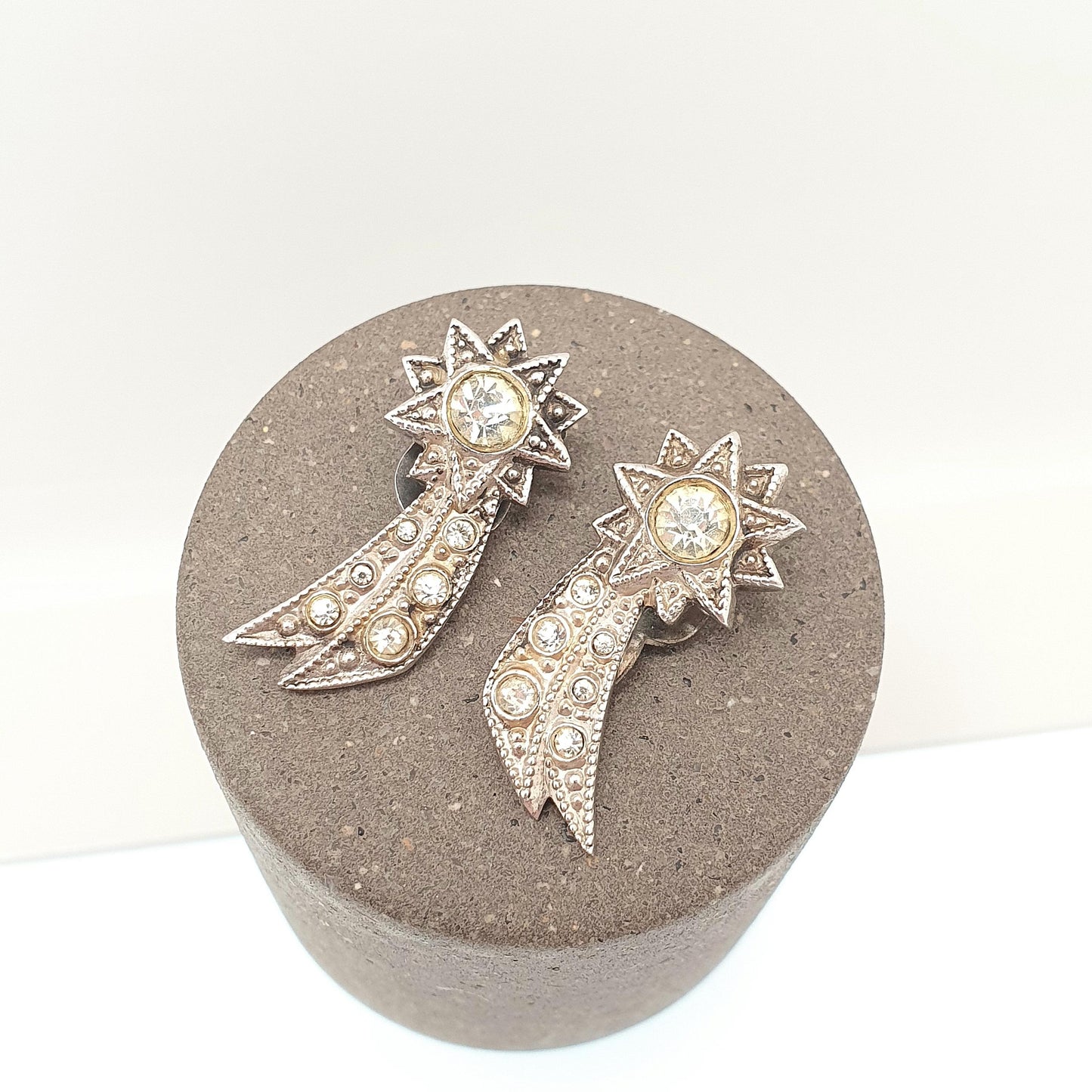 Antique Solid Silver Shooting Star Earrings Diamond Paste Art Deco Clip On 1920s Vintage Sparkly Celestial Stars Night Jewelry Jewellery