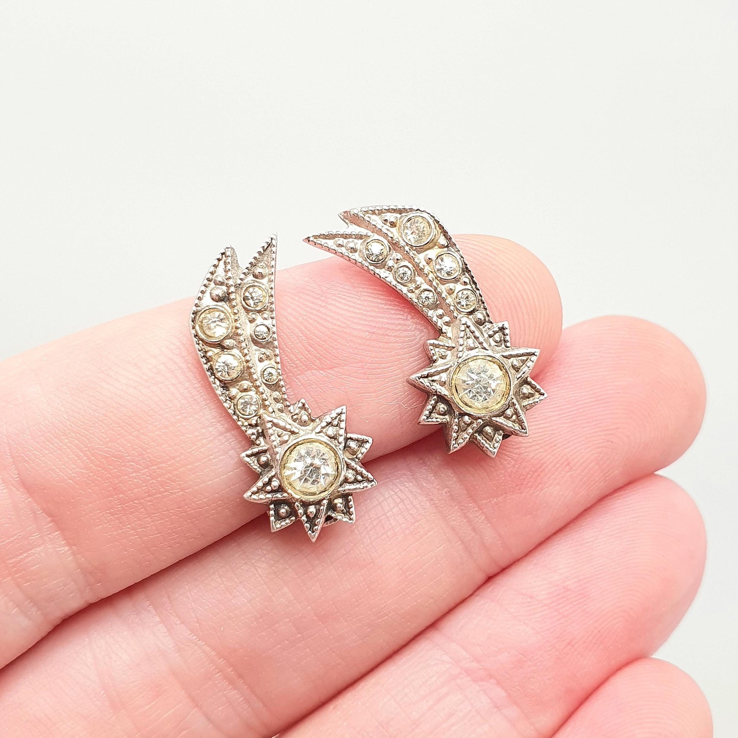 Antique Solid Silver Shooting Star Earrings Diamond Paste Art Deco Clip On 1920s Vintage Sparkly Celestial Stars Night Jewelry Jewellery