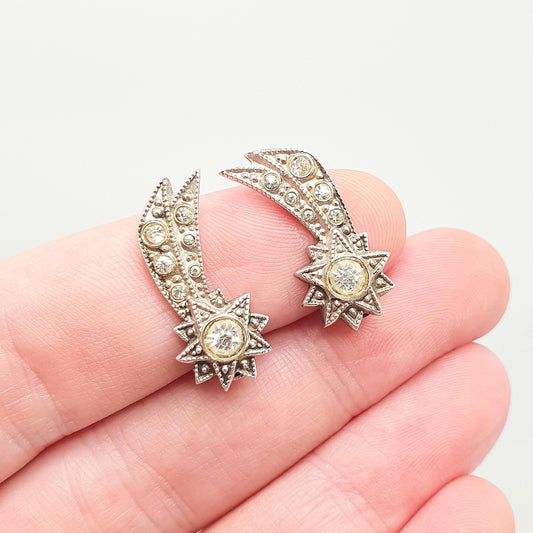 Antique Solid Silver Shooting Star Earrings Diamond Paste Art Deco Clip On 1920s Vintage Sparkly Celestial Stars Night Jewelry Jewellery