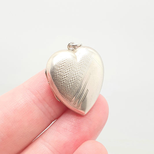 Antique Sterling Silver Heart Locket Necklace Pendant Back and Front Picture Photo Engraved Love 1910s Womens Jewelry Jewellery Vintage