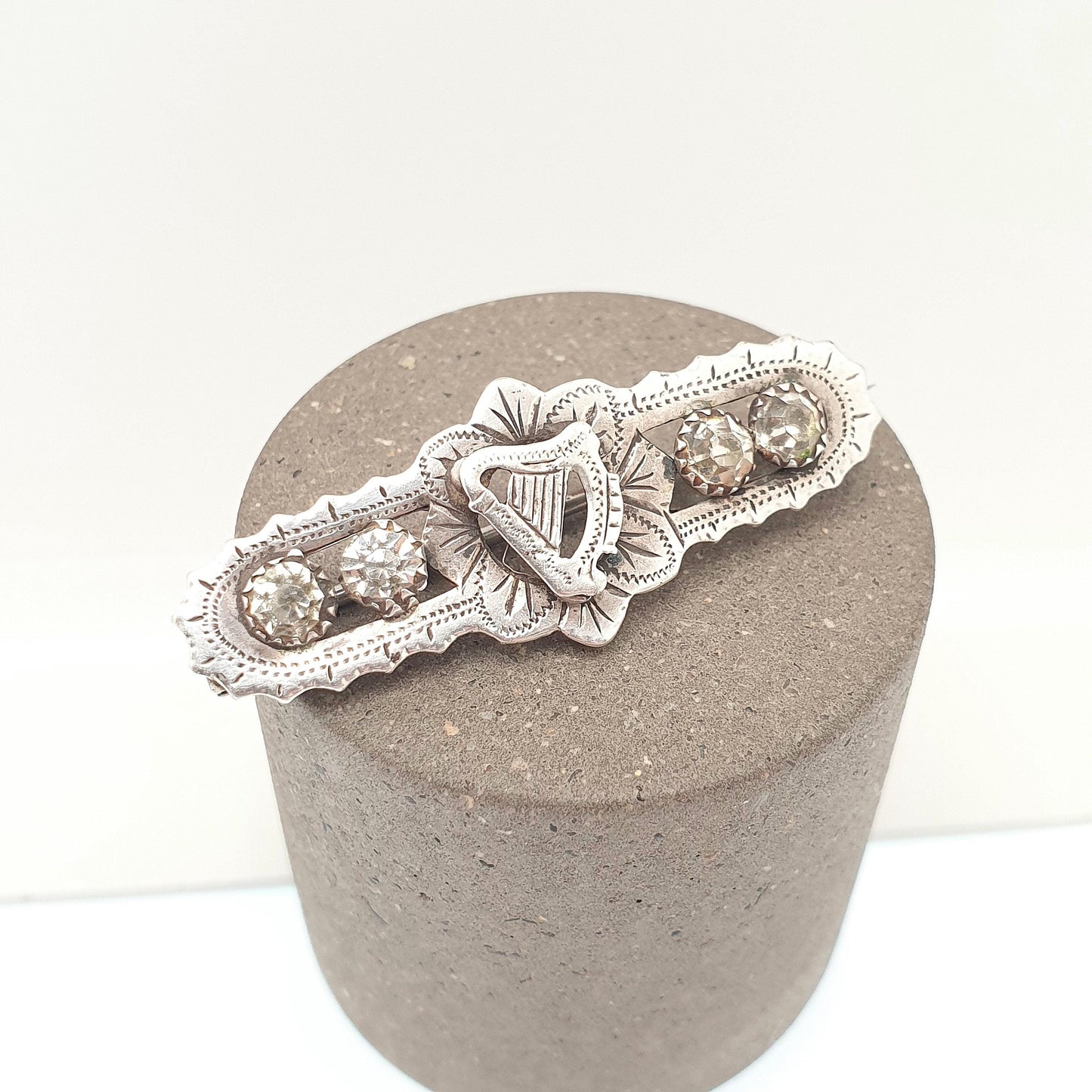 Antique Sterling Silver Hard Brooch Diamond Paste 1876 Hallmark Victorian Sweetheart 925 Musical Music Vintage Womens Jewelry Jewellery