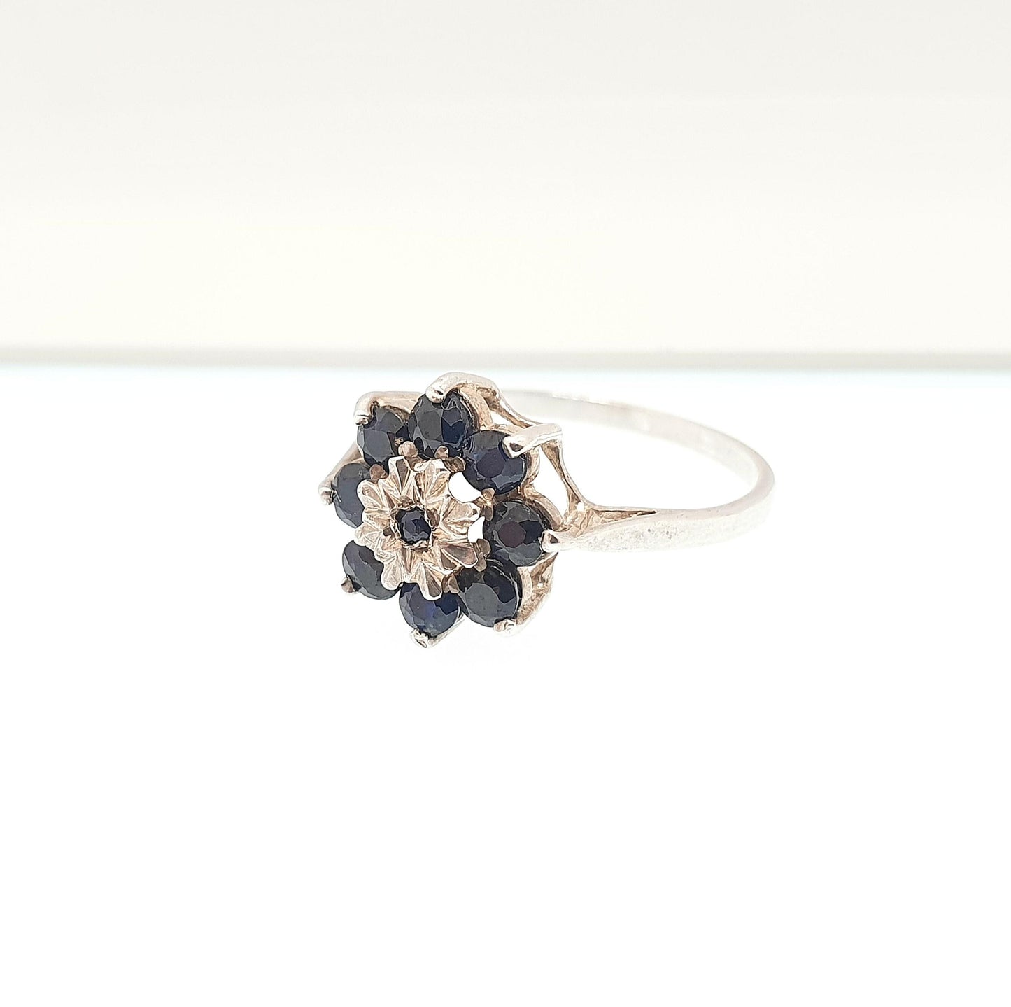 Vintage Sterling Silver Sapphire Ring Cluster Halo Dark Blue Gemstone 1980 Hallmark Sparkly Retro 925 Womens Girls Jewelry Jewellery