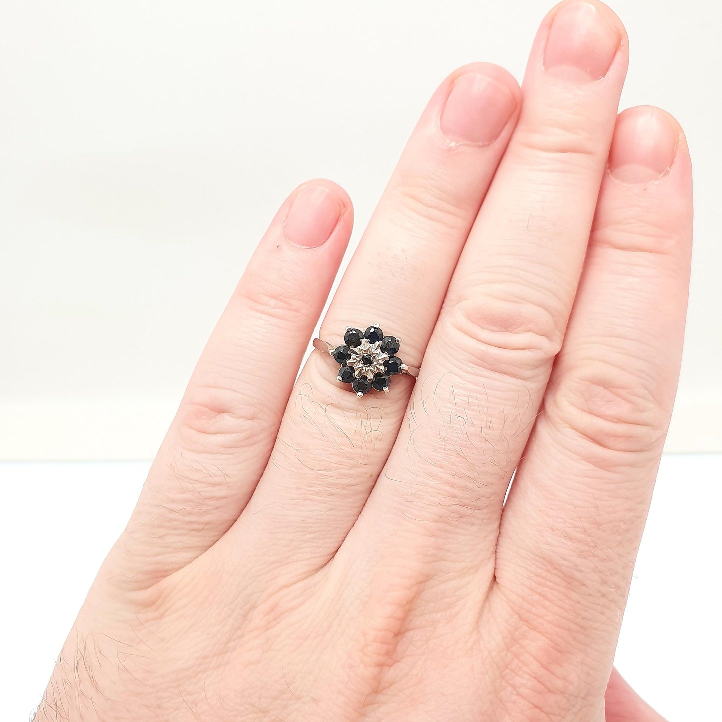 Vintage Sterling Silver Sapphire Ring Cluster Halo Dark Blue Gemstone 1980 Hallmark Sparkly Retro 925 Womens Girls Jewelry Jewellery