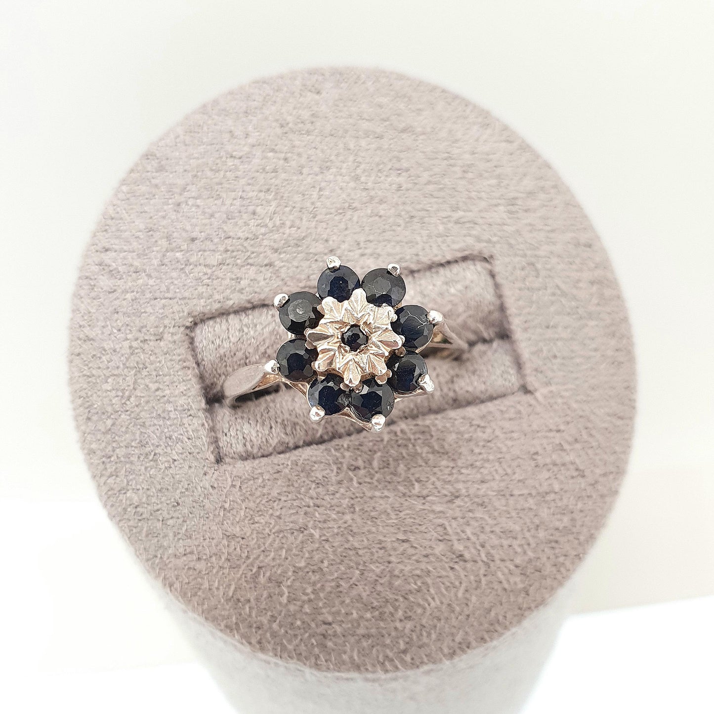 Vintage Sterling Silver Sapphire Ring Cluster Halo Dark Blue Gemstone 1980 Hallmark Sparkly Retro 925 Womens Girls Jewelry Jewellery