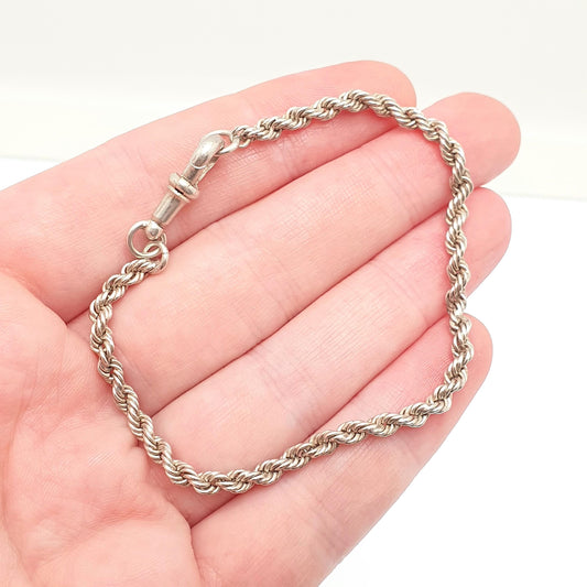 Antique Solid Silver Albertina Bracelet Victorian Rope Link Twist Helix Dog Clip Chain 5.02g 19.5cm Vintage Gift Womens Jewelry Jewellery