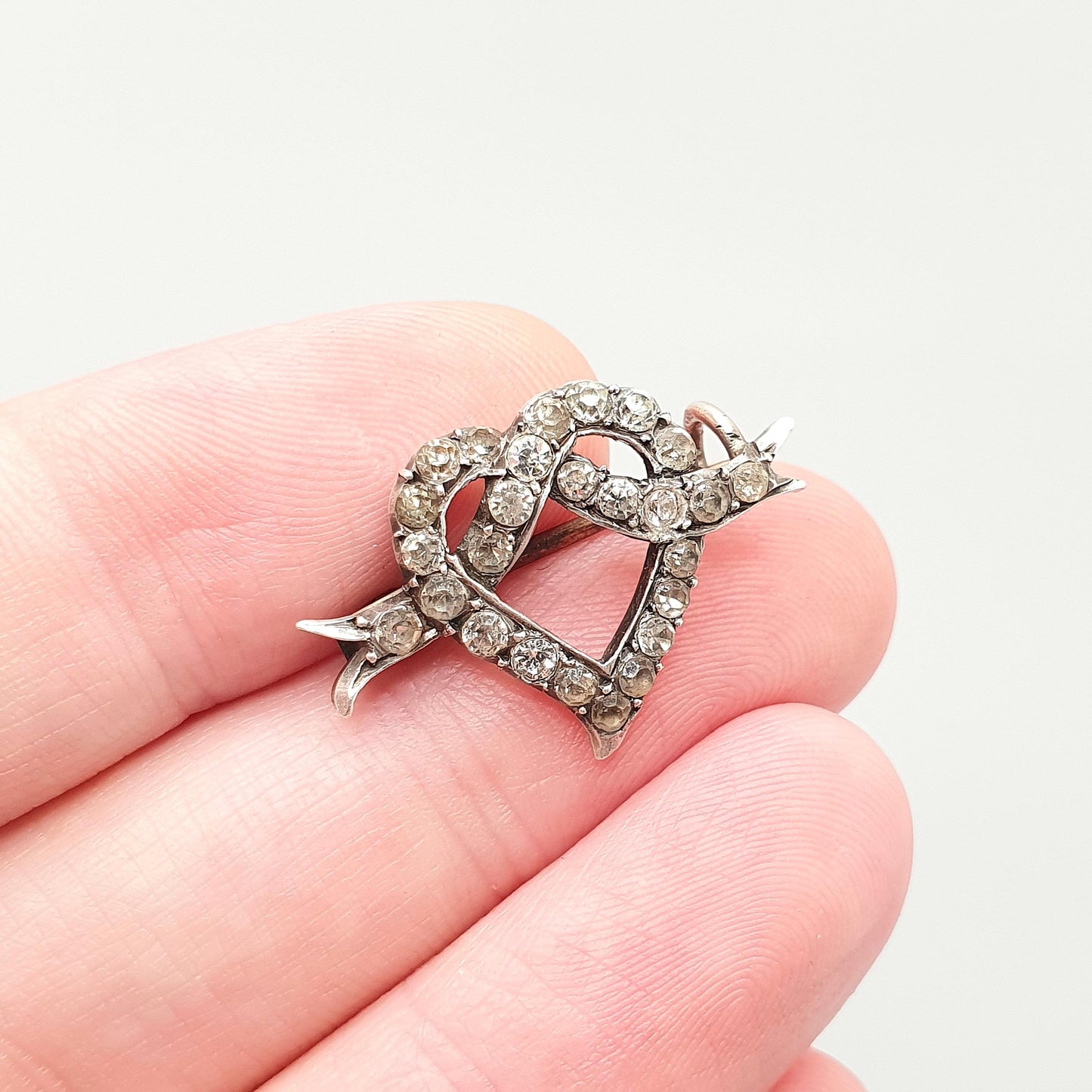 Antique Victorian Solid Silver Heart Brooch Diamond Paste Winged Ribbon Vintage 1800s Love Gift Romantic Womens Jewelry Jewellery