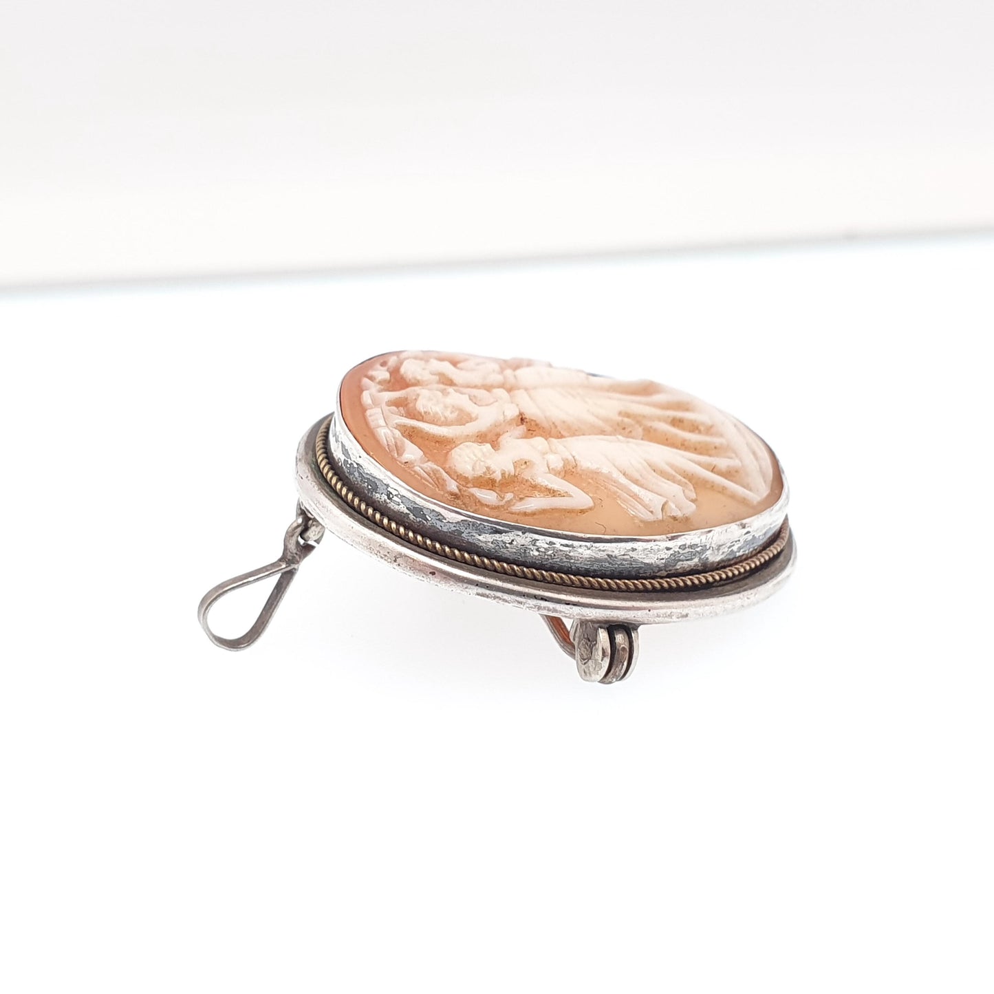 Antique Three Graces Cameo Solid Silver Pendant Necklace Brooch Hand Carved Shell Artisan European Italian Jewelry Womens Jewellery