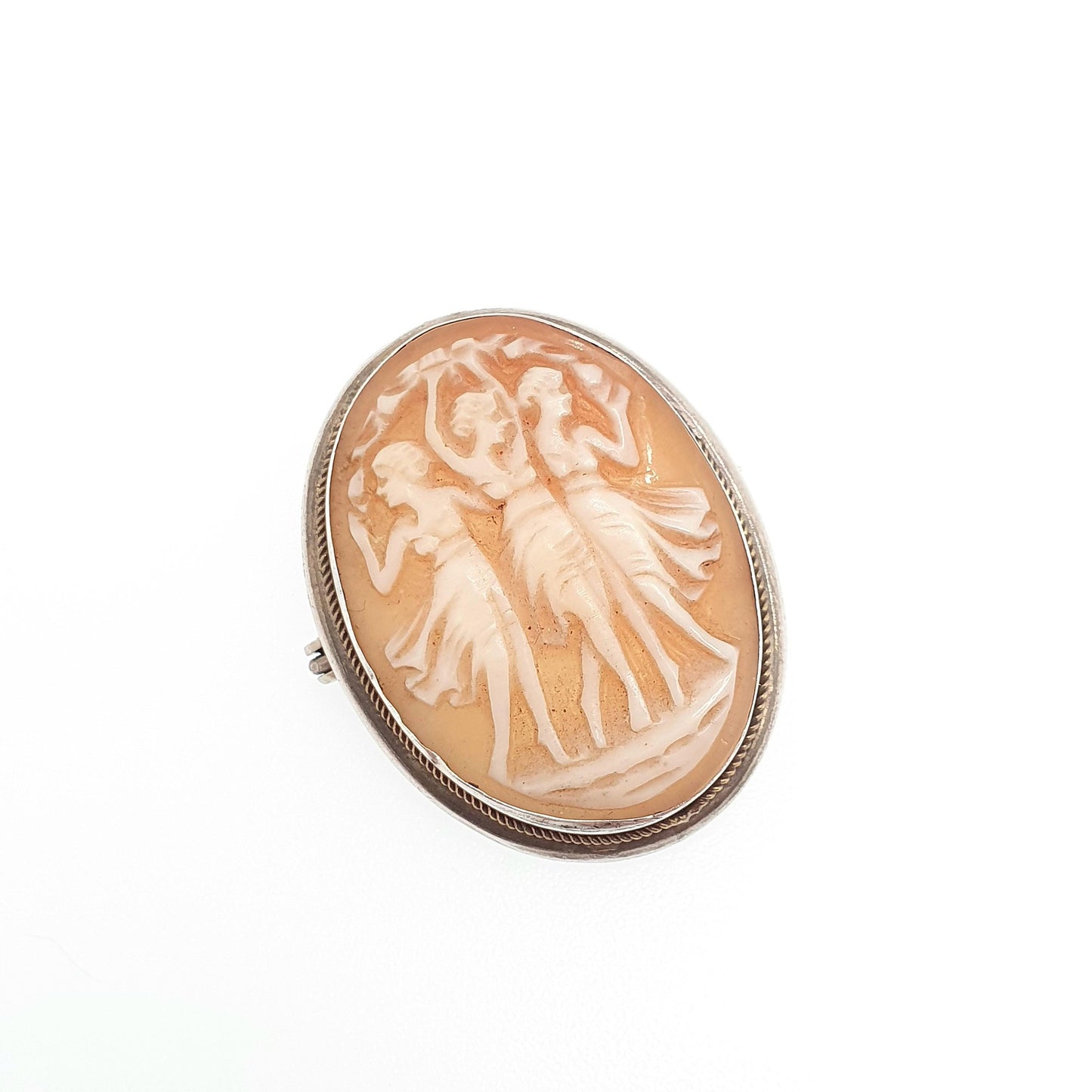 Antique Three Graces Cameo Solid Silver Pendant Necklace Brooch Hand Carved Shell Artisan European Italian Jewelry Womens Jewellery