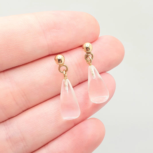 Vintage 9k 9ct Gold Rock Crystal Earrings Clear Quartz Teardrop Hanging Drop Stud Solid 9 375 Real Gemstone Genuine Womens Jewelry Jewellery