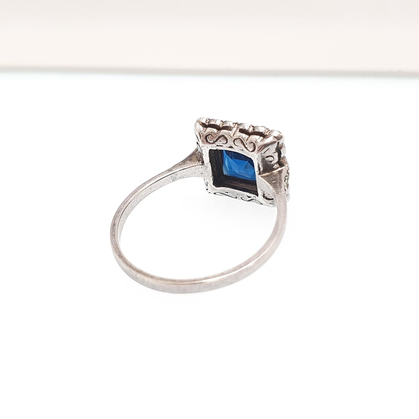 Antique Sterling Silver Sapphire Paste Ring SCP Ciro Diamond Pastes Square Signet Art Deco 1920s Vintage Ladies Womens Jewelry Jewellery