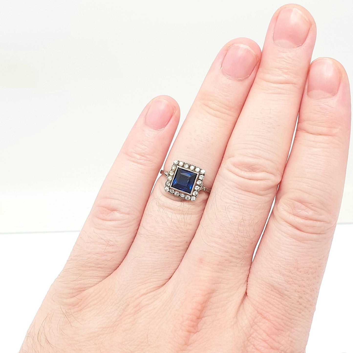 Antique Sterling Silver Sapphire Paste Ring SCP Ciro Diamond Pastes Square Signet Art Deco 1920s Vintage Ladies Womens Jewelry Jewellery