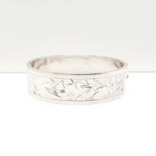 Antique Victorian Sterling Silver Bird Bracelet Bangle Hand Engraved Aesthetic 25.17g Songbird Swallow Vintage Womens Jewelry Jewellery