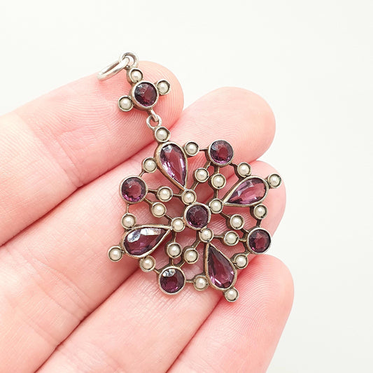 Antique Solid Silver Amethyst Paste Pendant Victorian Simulated Seed Pearl Necklace Large Big Cluster Flower Vintage Jewellery Jewelry