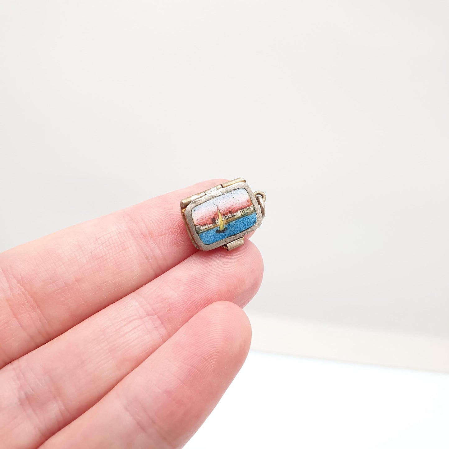 Antique Moses Basket Charm Pendant Locket Enamel Sphynx Egyptian Revival Necklace Art Deco 1900s Gold Gilt Vintage Jewelry Jewellery