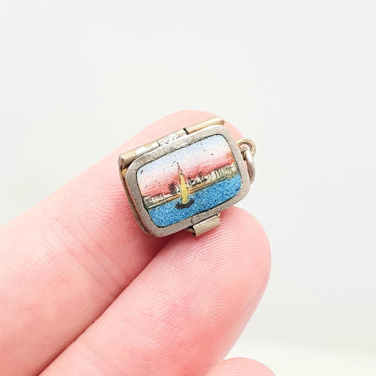 Antique Moses Basket Charm Pendant Locket Enamel Sphynx Egyptian Revival Necklace Art Deco 1900s Gold Gilt Vintage Jewelry Jewellery